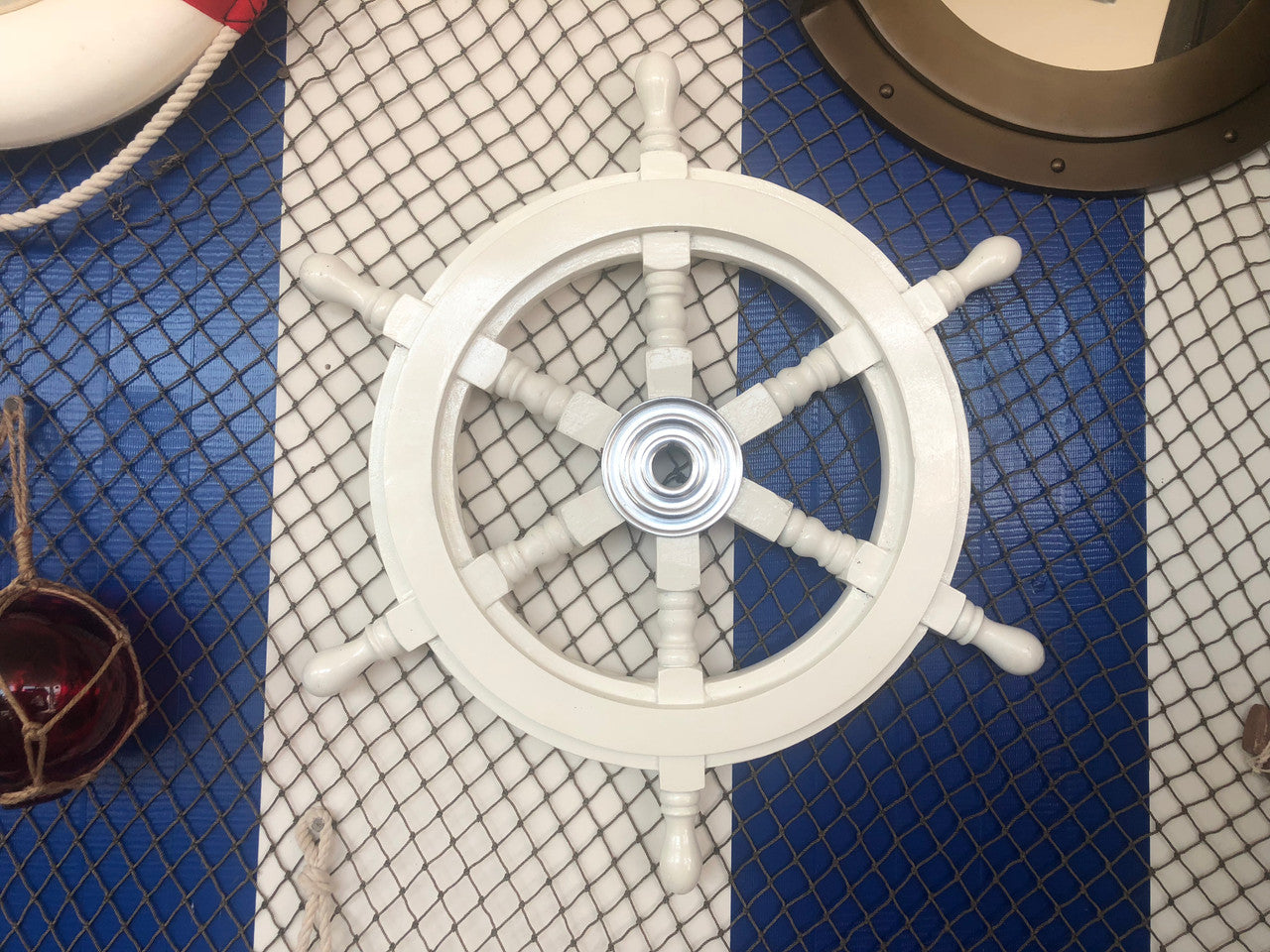 Deluxe Class White Wood and Chrome Ship Decorative Steering Wheel 18"