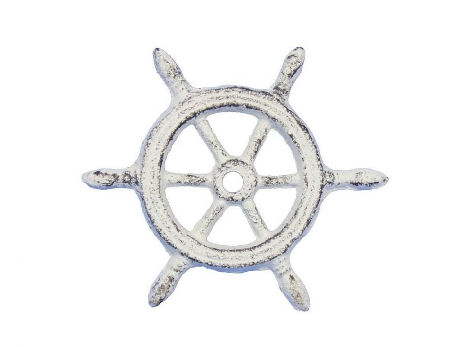 Whitewashed Cast Iron Ship Wheel Decorative Paperweight 4"