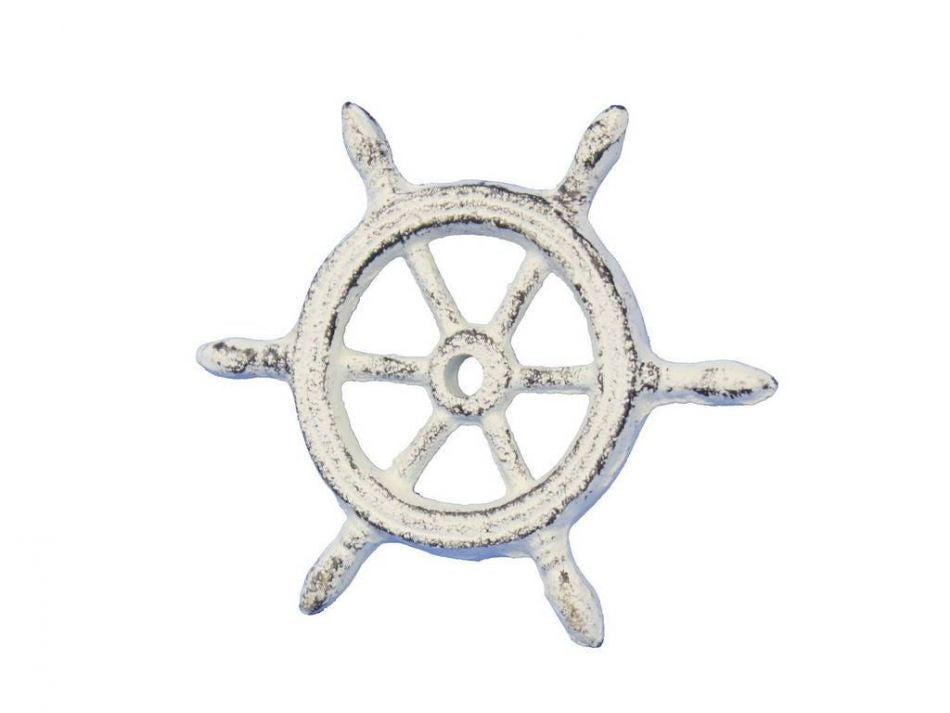 Whitewashed Cast Iron Ship Wheel Decorative Paperweight 4"