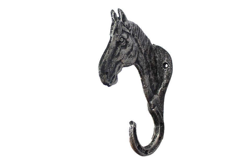 Rustic Silver Cast Iron Horse Hook 8""