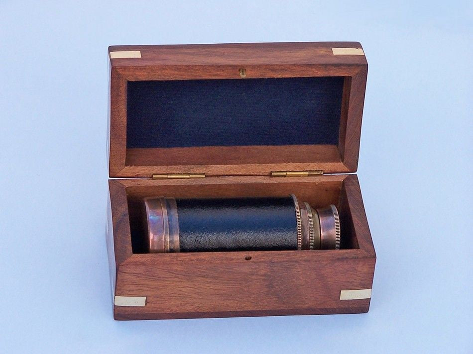 Deluxe Class Scout's Antique Copper - Leather Spyglass Telescope 7" with Rosewood Box
