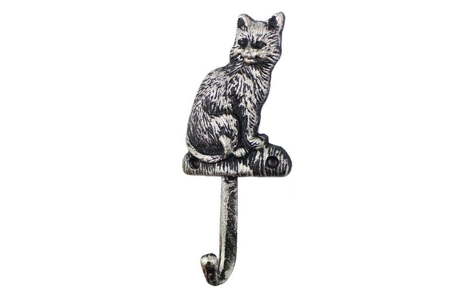 Rustic Silver Cast Iron Cat Hook 7"
