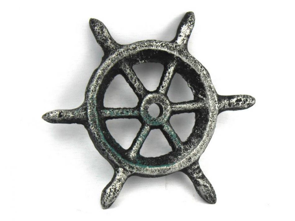 Antique Silver Cast Iron Ship Wheel Decorative Paperweight 4"