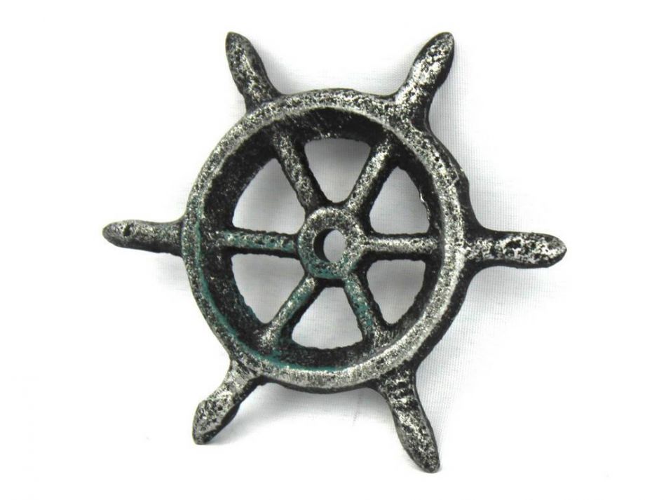 Antique Silver Cast Iron Ship Wheel Decorative Paperweight 4"