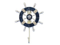 Rustic Dark Blue and White Decorative Ship Wheel with Seashell and Hook 8"