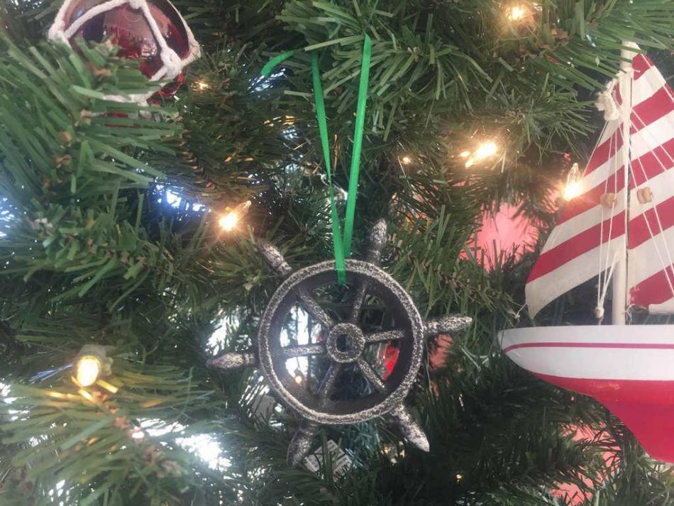 Antique Silver Cast Iron Ship Wheel Decorative Christmas Ornament 4"