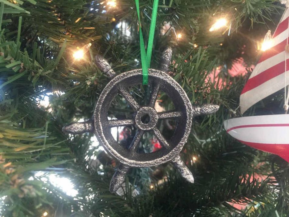 Antique Silver Cast Iron Ship Wheel Decorative Christmas Ornament 4"