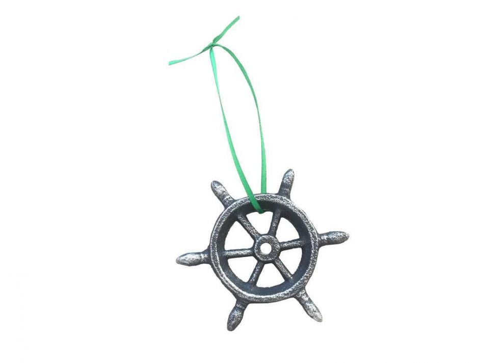 Antique Silver Cast Iron Ship Wheel Decorative Christmas Ornament 4"