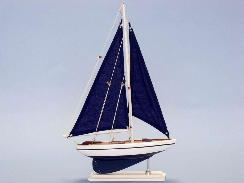 Wooden Blue Pacific Sailer with Blue Sails Model Sailboat Decoration 17"