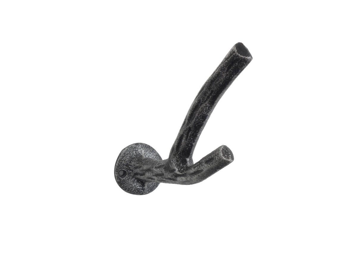 Rustic Silver Cast Iron Tree Branch Double Decorative Metal Wall Hooks 5"
