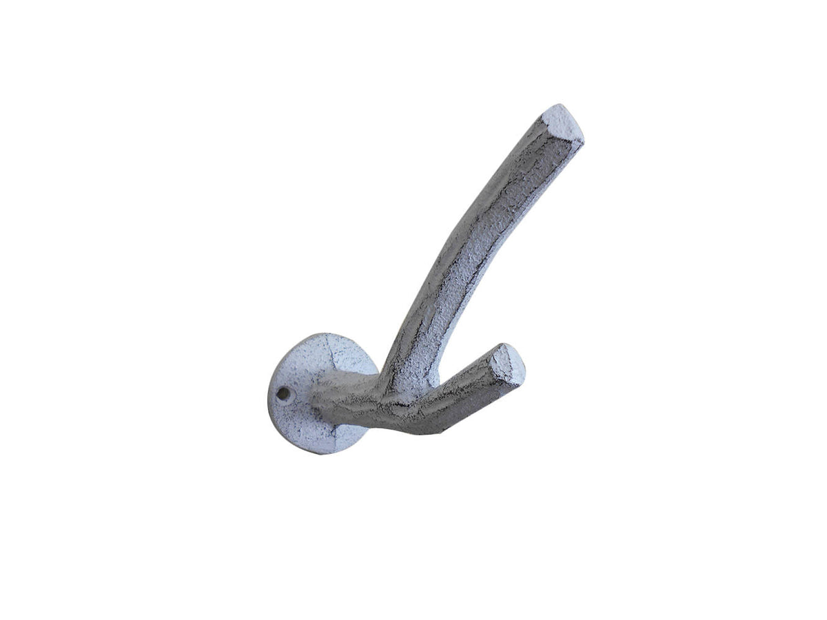 Whitewashed Cast Iron Tree Branch Double Decorative Metal Wall Hooks 5"