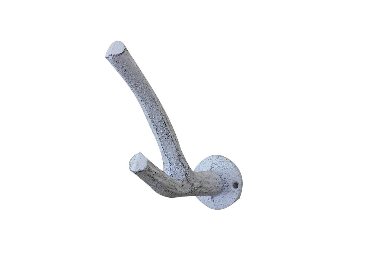 Whitewashed Cast Iron Tree Branch Double Decorative Metal Wall Hooks 5"