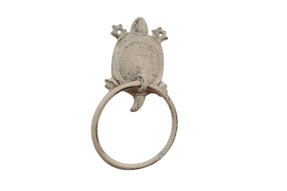 Whitewashed Cast Iron Turtle Towel Holder 8"