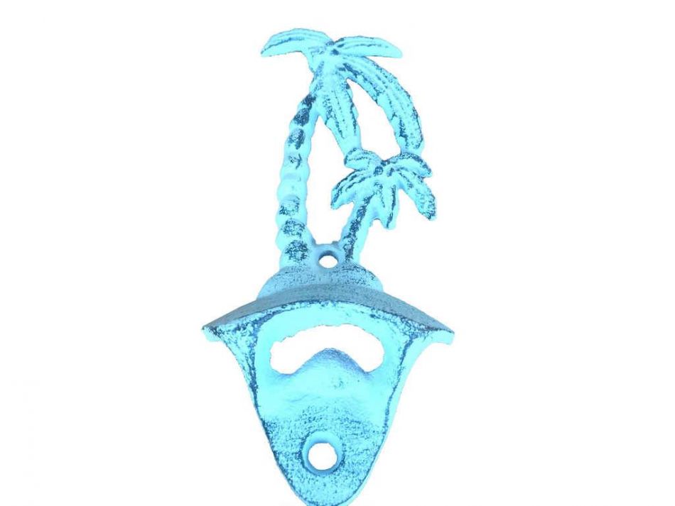 Rustic Dark Blue Whitewashed Cast Iron Wall Mounted Palmtree Bottle Opener 6"