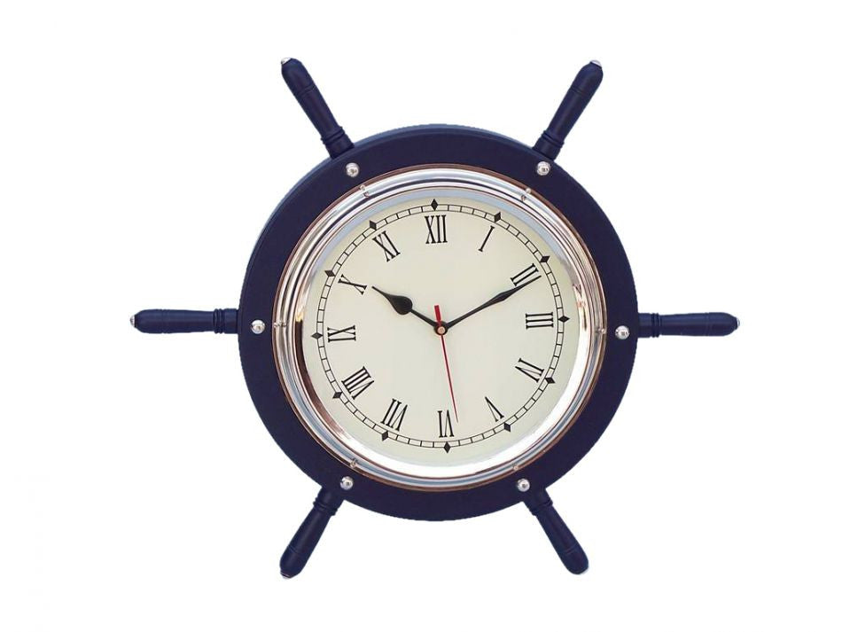 Dark Blue Wood And Chrome Ship Wheel Clock 15"