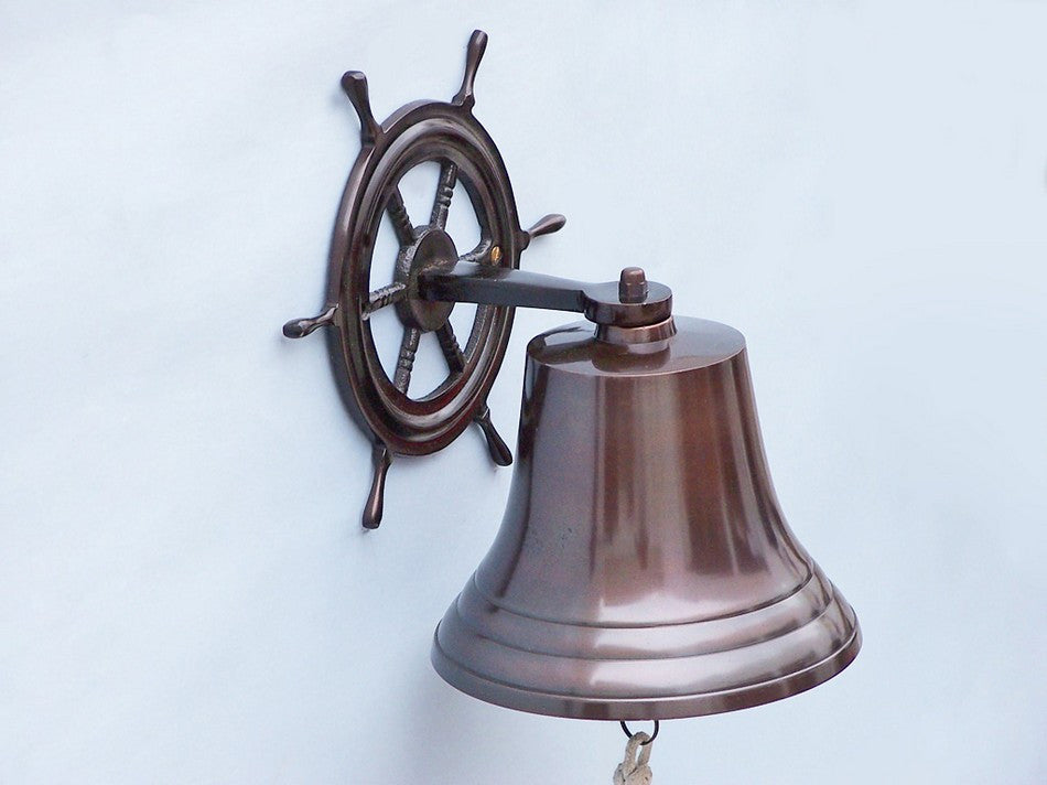 Antique Copper Hanging Ship Wheel Bell 8"