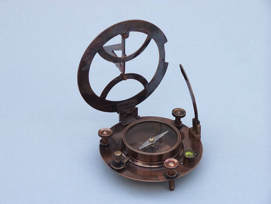 Antique Copper Round Sundial Compass with Rosewood Box 6"