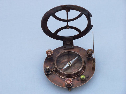 Antique Copper Round Sundial Compass with Rosewood Box 6"