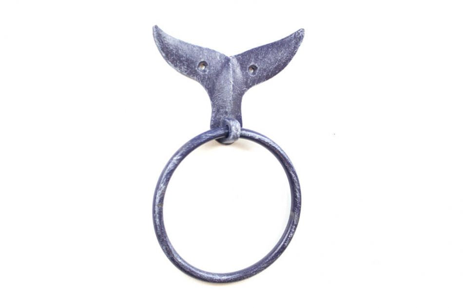 Rustic Dark Blue Cast Iron Whale Tail Towel Holder 7.5"