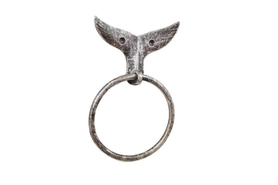 Rustic Silver Cast Iron Whale Tail Towel Holder 7.5"