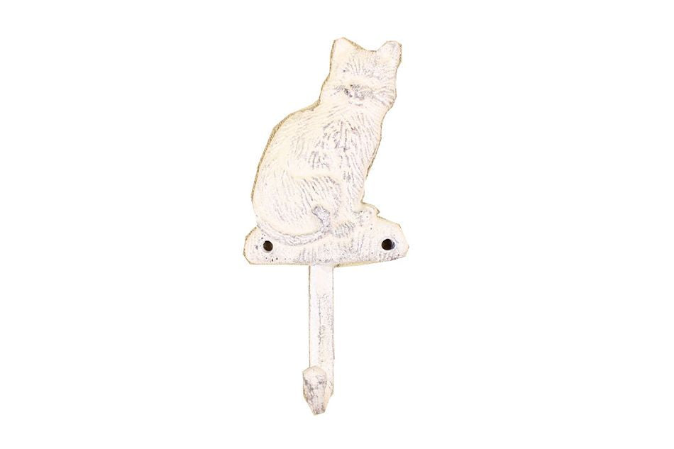 Whitewashed Cast Iron Cat Hook 7"