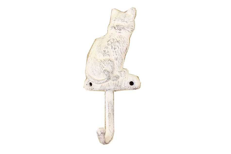 Whitewashed Cast Iron Cat Hook 7"