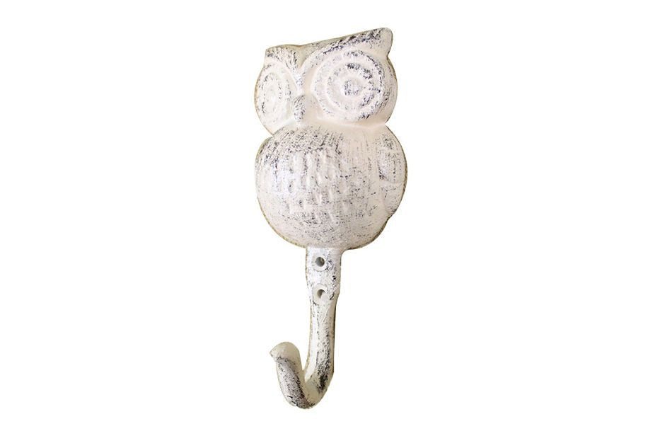 Whitewashed Cast Iron Owl Wall Hook 6"