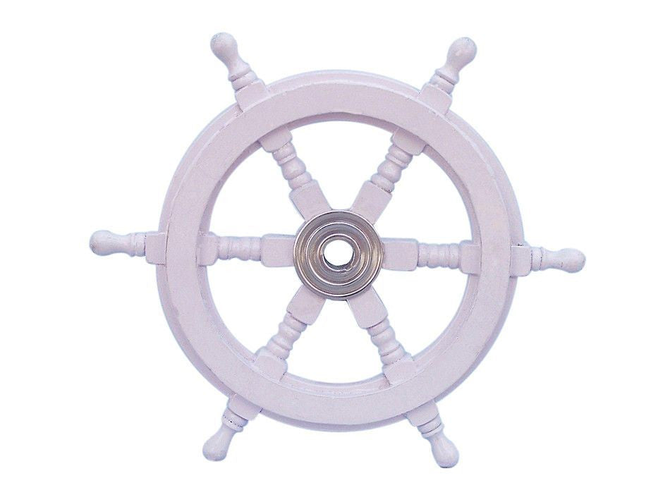 Deluxe Class White Wood and Chrome Ship Decorative Steering Wheel 12"