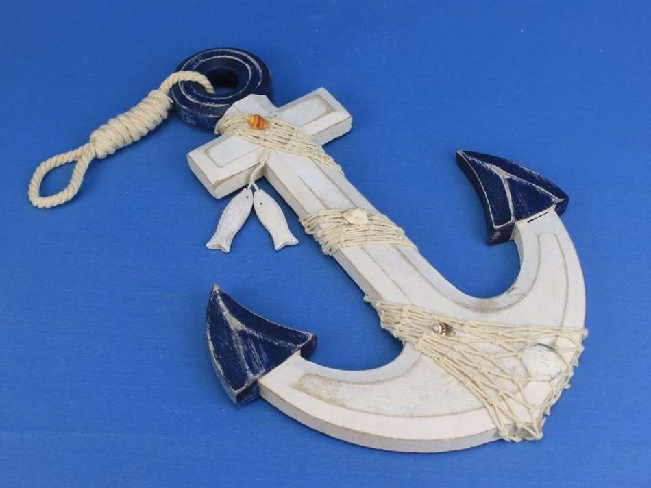 Wooden Rustic Blue/White Anchor w/ Hook Rope and Shells 13"