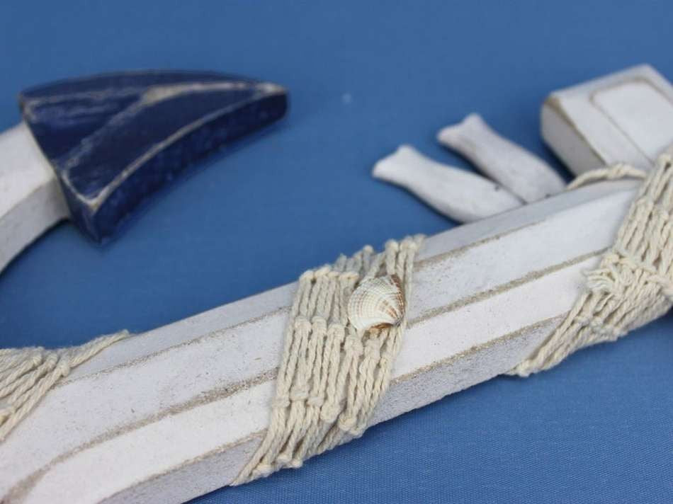 Wooden Rustic Blue/White Anchor w/ Hook Rope and Shells 13"