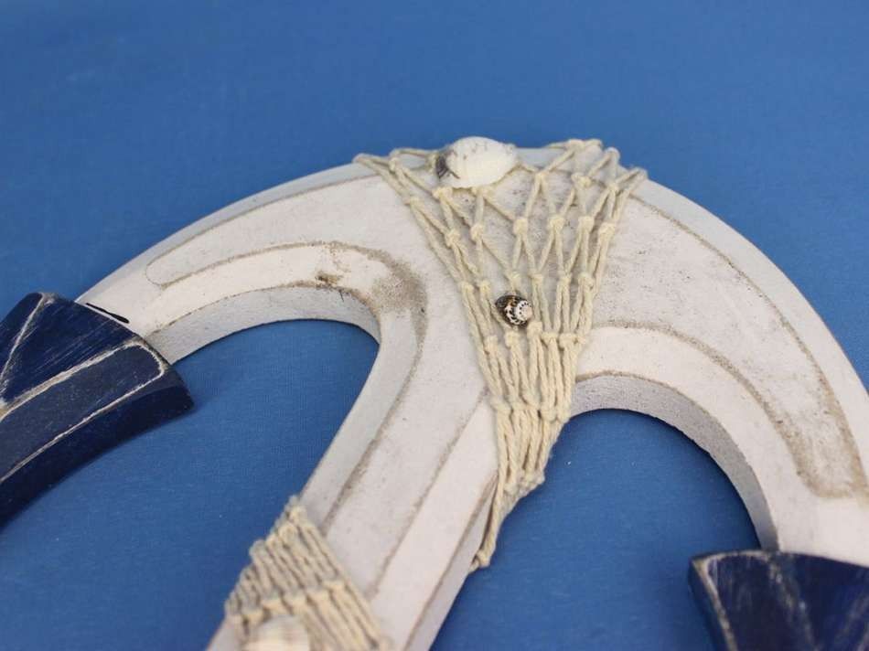 Wooden Rustic Blue/White Anchor w/ Hook Rope and Shells 13"