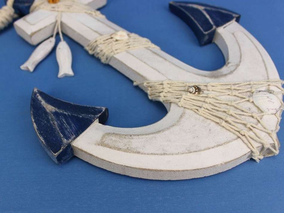 Wooden Rustic Blue/White Anchor w/ Hook Rope and Shells 13"
