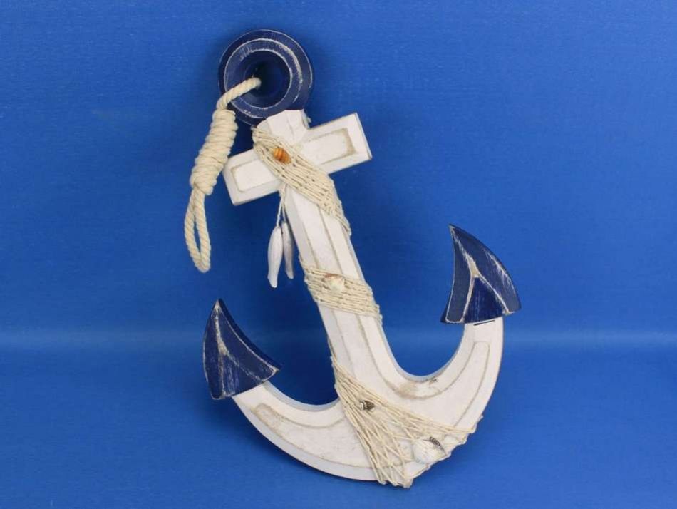 Wooden Rustic Blue/White Anchor w/ Hook Rope and Shells 13"