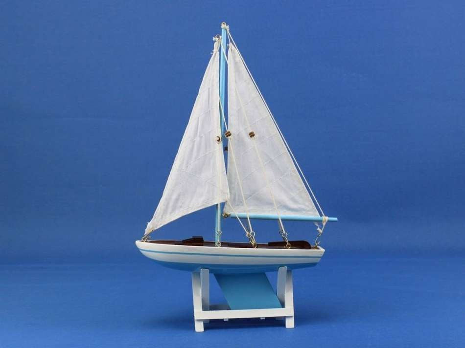 Wooden Decorative Sailboat 12" - Light Blue Sailboat Model