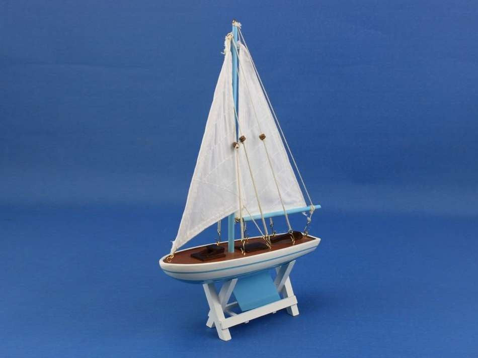 Wooden Decorative Sailboat 12" - Light Blue Sailboat Model