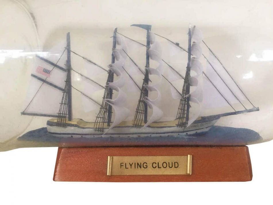 Blue Flying Cloud Ship in a Glass Bottle 11"