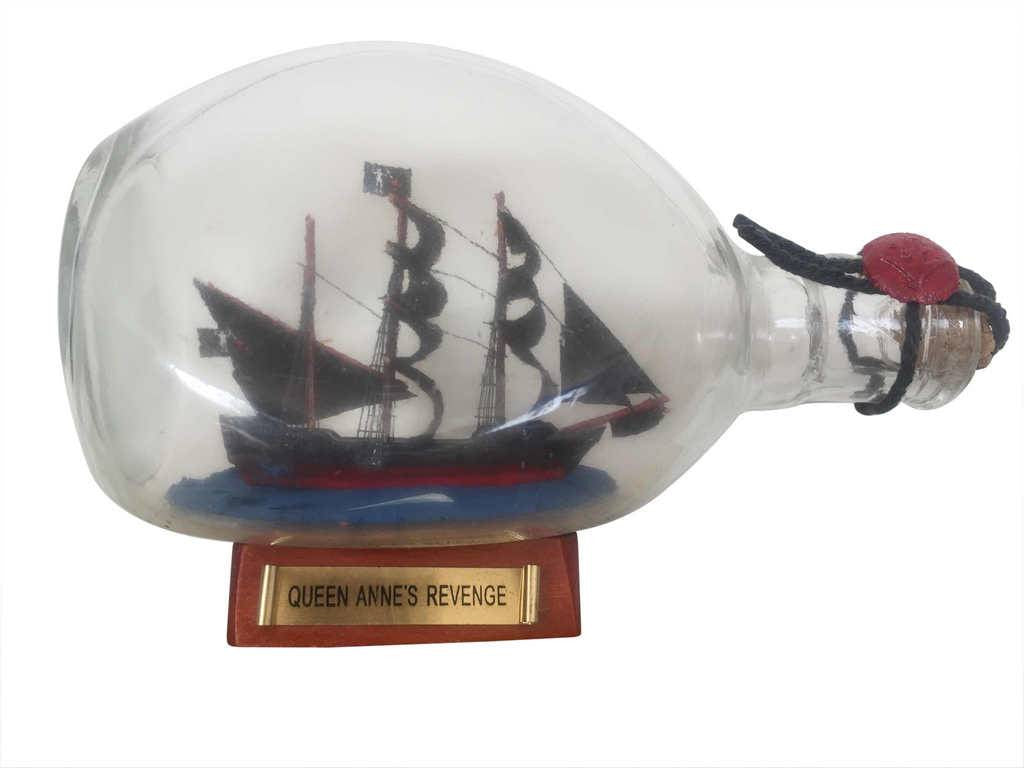 Wooden Blackbeard's Queen Anne's Revenge Pirate Ship in a Glass Bottle 7"