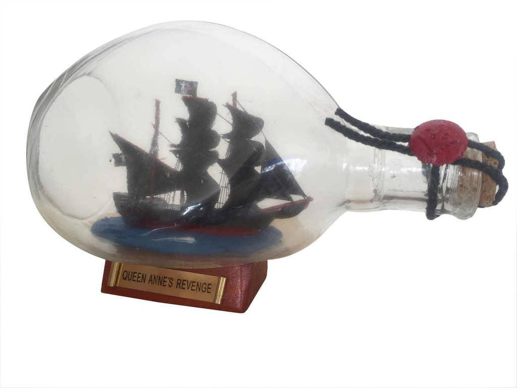 Wooden Blackbeard's Queen Anne's Revenge Pirate Ship in a Glass Bottle 7"