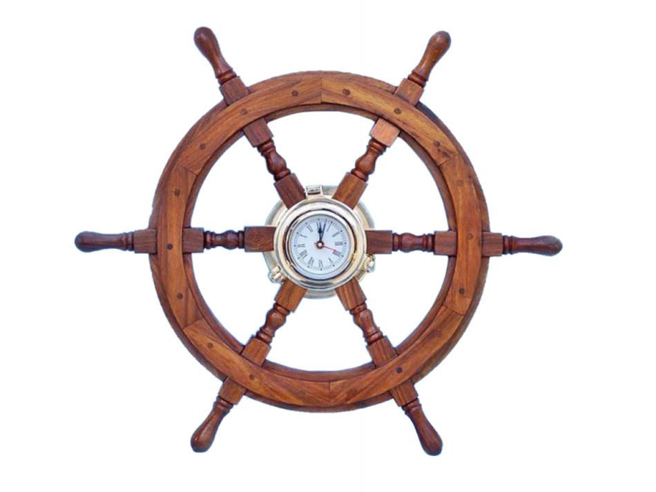Deluxe Class Wood And Brass Ship Wheel Clock 24"