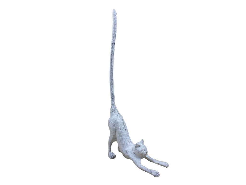 Whitewashed Cast Iron Yoga Cat Bathroom Extra Toilet Paper Stand 19"
