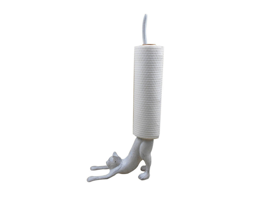 Whitewashed Cast Iron Yoga Cat Kitchen Paper Towel Holder 19"
