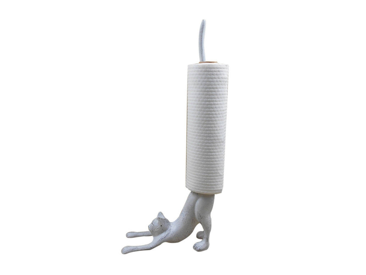 Whitewashed Cast Iron Yoga Cat Kitchen Paper Towel Holder 19"